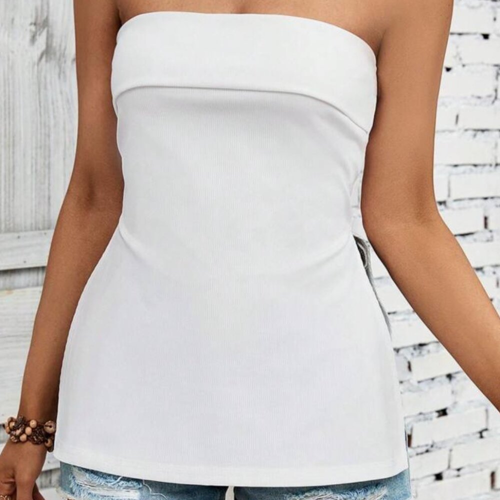 Front Fold Side Split Hem Tube Top in White Size Xtra Small